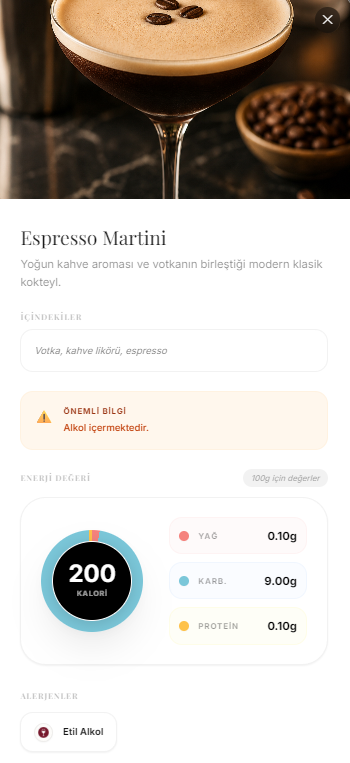 LuxeMenu ürün detayı — örnek menü ekranı 1