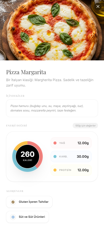 LuxeMenu ürün detayı — örnek menü ekranı 2
