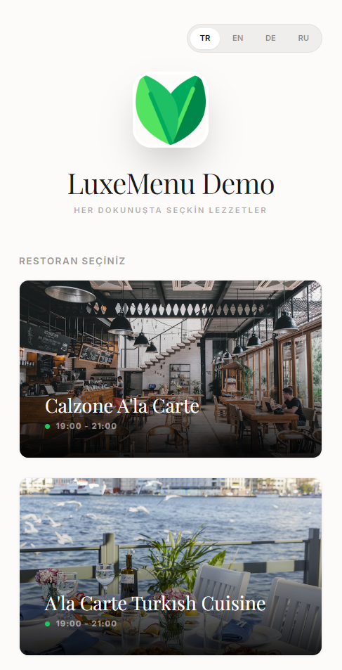 LuxeMenu Restoran Seçim Ekranı