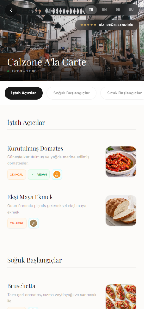 LuxeMenu QR Menü Arayüzü